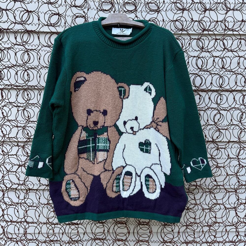 Vintage 80s 90s Maggie Lawrence Teddy Bear Sweater Green Plaid Crewneck XL?